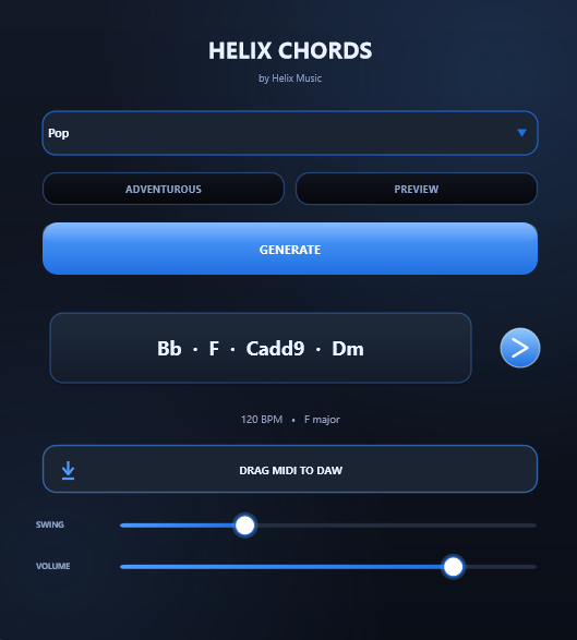 HelixChords main window: genre selector, generate button, and generated chord progression